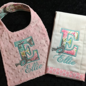 Birdie Initial Burp and Bib Set/birdie bib set/initial bib set/girls bib set/girls burp and bib set/birdie bib/pink minky bib/girly bib