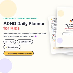 以下が含まれることがあります： ADHDの子供向けの日次プランナーの印刷用データ。視覚的なルーチン、星の報酬、落ち着くためのツールを含む複数のページで構成されています。表紙にはロケットのグラフィックと「My Awesome Day Planner Made for Amazing ADHD Kids」というテキストが記載されています。