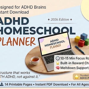 Puede incluir: Un planificador escolar ADHD 2026 digital mostrado en la pantalla de una computadora portátil. El gráfico incluye el texto: Designed for ADHD Brains, 10-15 Min Focus Rounds, Built-in Reward Chart, Meltdown Support Plan, 14 Printable Pages, Instant PDF Download.