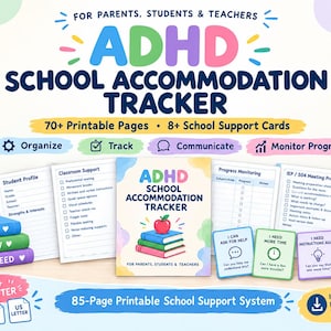 Peut inclure: Un système imprimable de suivi des aménagements scolaires pour TDAH comprenant plus de 70 pages et 8 cartes de soutien. Inclut un livret de suivi, un profil d'élève, une liste de contrôle, un suivi des progrès et des fiches de préparation en A4.