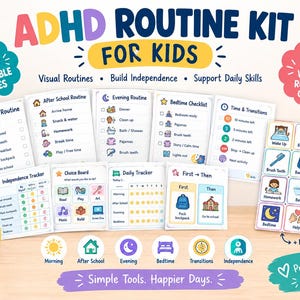Peut inclure: Un kit de routine TDAH pour enfants comprenant 75 pages imprimables et 42 cartes de routine visuelles. L'ensemble inclut des listes de contrôle pour le matin, l'après-midi, le soir et le coucher, ainsi que des suivis d'autonomie et des tableaux.
