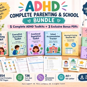 Peut inclure: Un ensemble complet de ressources pour le TDAH à la maison et à l'école, comprenant cinq kits d'outils et trois PDF bonus. L'ensemble contient des livres colorés, des pages imprimables et des cartes à découper illustrées d'enfants, d'écoles et d'icônes. Le texte indique ADHD Complete Parenting & School Bundle, 354 pages PDF, 136 cartes et 2 fichiers zip.