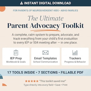 Könnte beinhalten: Das Ultimate Parent Advocacy Toolkit als digitaler Download für neurodivergente Kinder und ADHS-Familien. Enthält IEP-Vorbereitung, E-Mail-Vorlagen und Tracker. 17 Tools, 7 Abschnitte, ausfüllbares PDF. Text: This toolkit saved me!