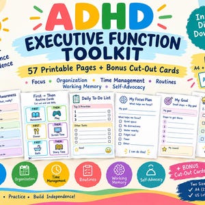 May include: An ADHD Executive Function Toolkit digital download featuring 57 printable pages and bonus cut-out cards. Includes worksheets for time awareness, daily to-do lists, focus plans, and goal setting in A4 and US Letter sizes for organization.