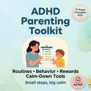 Puede incluir: Un documento digital ADHD Parenting Toolkit con el texto ADHD Parenting Toolkit, Routines, Behavior, Rewards, Calm-Down Tools y Small steps, big calm. Incluye una insignia 17-Page Printable PDF, un icono A4 PDF y un icono Instant Download.
