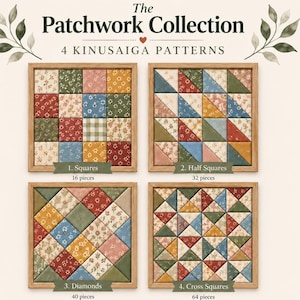 4 Beginner Patchwork Patterns Kinusaiga Bundle PDF | Fabric Art Collection | Scrap Fabric Craft | No Sew Patchwork Patterns