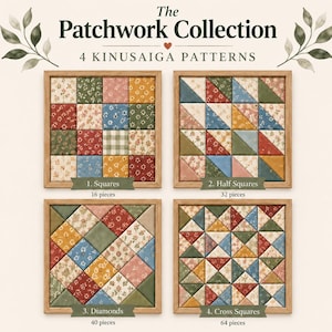 Könnte beinhalten: Die Patchwork Collection 4 Kinusaiga Patterns zeigt vier quadratische Holzrahmen mit Stoff-Patchwork-Designs. Die Muster umfassen Quadrate, Halbquadrate, Rauten und Kreuzquadrate mit floralen Mustern und Vichy-Karos.