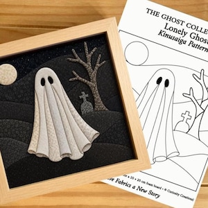May include: A framed Kinusaiga fabric art piece featuring a ghost, a bare tree, and a tombstone against a dark landscape, accompanied by a printed pattern sheet titled THE GHOST COLLECTION Lonely Ghost Kinusaiga Pattern for a 20 x 20 cm foam board.