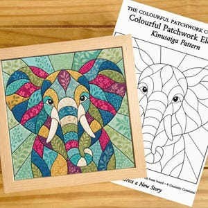 Colourful Patchwork Elephant Kinusaiga Pattern PDF | No Sew Fabric Art Template | Scrap Fabric Craft | Elephant Wall Art