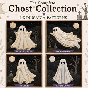 Puede incluir: The Complete Ghost Collection 4 Kinusaiga Patterns presenta cuatro piezas de arte en tela enmarcadas que representan fantasmas en un cementerio. Cada marco cuadrado muestra un fantasma color crema sobre un fondo oscuro con luna, árboles y lápidas.