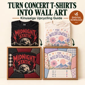 Peut inclure: Un guide de recyclage Kinusaiga intitulé TURN CONCERT T-SHIRTS INTO WALL ART. Il présente deux t-shirts pliés, un noir avec un motif de lune et un crème avec des fleurs, transformés en deux tableaux muraux en tissu encadrés à panneaux géométriques.