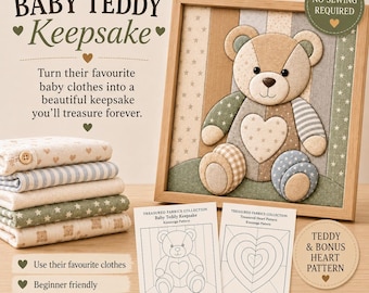 Puede incluir: Un cuadro de pared con un oso de peluche de tela en un marco de madera, con un diseño de patchwork de estrellas, rayas y corazones. Incluye ropa de bebé doblada, dos patrones impresos y el texto Baby Teddy Keepsake.