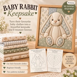 Peut inclure: Un kit de loisirs créatifs pour un souvenir lapin bébé comprenant un lapin en tissu encadré, une pile de carrés de tissu à motifs et deux fiches d'instructions. Le texte indique Baby Rabbit Keepsake, No Sewing Required et Rabbit & Bonus Heart Pattern.