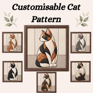 Pode incluir: Uma coleção de seis quadros quadrados de parede com um Customisable Cat Pattern. Cada moldura exibe um gato com uma cor e padrão de pelagem diferente, incluindo calico, tigrado laranja, tigrado cinza, preto e branco e siamês.