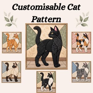 Pode incluir: Uma coleção de seis ilustrações emolduradas com gatos de vários padrões de pelagem, incluindo preto, malhado laranja, calico, siamês, malhado cinza e smoking. O texto Customisable Cat Pattern está centralizado no topo da imagem.