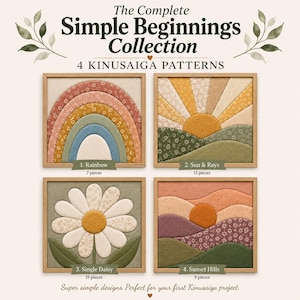 Puede incluir: La colección The Complete Simple Beginnings Collection 4 Kinusaiga Patterns presenta cuatro piezas de arte en tela enmarcadas: un arcoíris, un sol con rayos sobre colinas, una margarita grande y colinas al atardecer en tonos tierra.