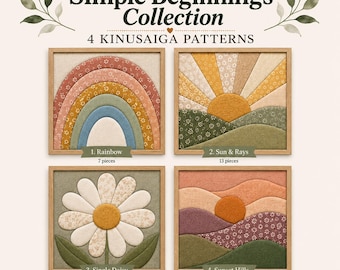Puede incluir: La colección Complete Simple Beginnings presenta 4 patrones Kinusaiga en marcos de madera. Los diseños incluyen un arcoíris, sol con rayos, una margarita y colinas al atardecer, cada uno con un conteo de 7 a 19 piezas.