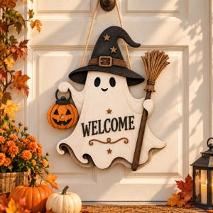 May include: A hanging wooden door sign shaped like a white ghost wearing a black witch hat with stars. The ghost holds an orange jack-o'-lantern and a brown broomstick. The word WELCOME is printed in black letters with decorative brown swirls.