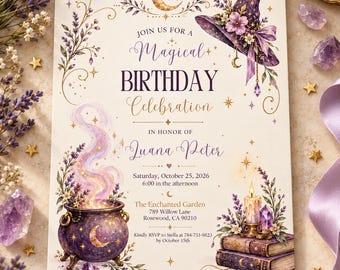 Witch Birthday Invitation | Magical Birthday Party | Purple Witchy Invitation | Celestial Party | Editable Canva Template