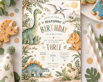 Dinosaur Birthday Invitation, Three-Rex Party Invite, Jurassic Dinosaur Birthday, Boy 3rd Birthday Party, Editable Canva Template