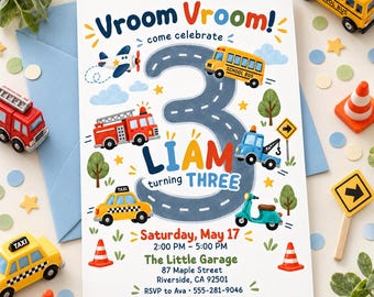 Boy’s Transportation Vehicle Birthday Invite, 3rd Birthday Invitation, Honk, Beep, Choo Choo, Truck and Cars, Editable Canva Template