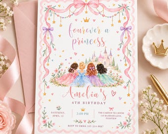 Invito per il quarto compleanno da principessa, festa con abiti pastello colorati, modello modificabile su Canva