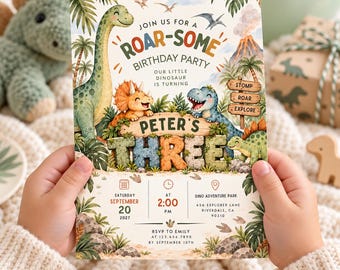 Dinosaur Birthday Party Invitation, Three-Rex Party Invite, Editable Three Rex Birthday Invite, 3rd Birthday Party, Editable Canva Template