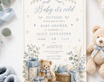 Könnte beinhalten: Eine rechteckige Einladungskarte für eine Babyparty mit einer Aquarellillustration eines Teddybären, Geschenkkartons und eines Korbes. Der Text lautet Baby it's cold OUTSIDE, PLEASE JOIN US FOR A BABY SHOWER HONORING ALICE ALEXANDER, DECEMBER 10 2024.