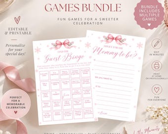 Baby Shower Games Bundle, 50 Pink Bow Printable Games, Predictions Trivia Bingo, Coquette Baby Girl, Baby Shower Activities, Canva Template