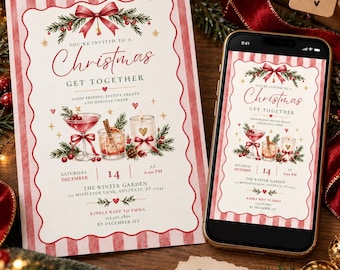 Christmas Party Invitation, Holiday Party Invite, Christmas Cocktail Party, Coquette Christmas, Canva Template, Instant Download