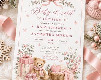 Winter Baby Shower Invitation, Baby It’s Cold Outside Baby Shower, Pink Baby Shower Invite, Teddy Bear Theme, Editable Canva Template