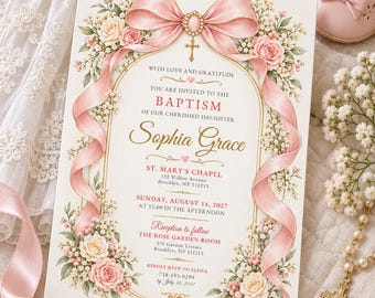 Girl Baptism Invitation | Pink Bow Christening Invitation | Elegant Floral Baptism | Cross & Roses | Editable Canva Template