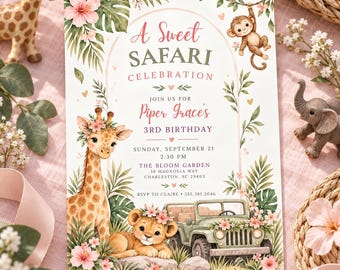 Safari Birthday Invitation, 3rd Birthday Party Invitation, Three Birthday Invitation, Wild Child Girl Party, Editable Canva Template
