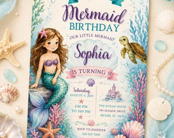 Mermaid Birthday Invitation, Under the Sea Party Invitation for Girls, Editable Canva Template, Instant Download