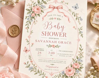 Floral Baby Shower Invitation | Pink Bow Baby Girl Invitation | Butterfly Garden Shower | Elegant Canva Template