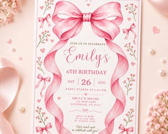 Pink Bow Birthday Invitation | Pink Birthday for Girl | Bow Birthday Party Invitation | Cute Ribbon Invitation | Editable Canva Template