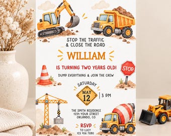 Invito di compleanno a tema cantiere, invito per festa con camion, compleanno con veicolo da costruzione, tema escavatore, invito modificabile su Canva