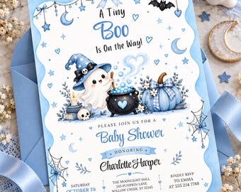 Halloween Baby Shower Invitation | Tiny Boo Baby Shower | Cute Ghost Baby Boy Invitation | Blue Halloween | Editable Canva Template