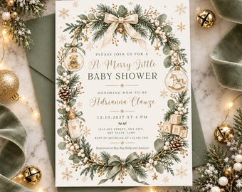 Christmas Baby Shower Invitation, Merry Little Baby Shower Invitation, Winter Baby Shower Invitation, Gender Neutral Invite, Editable Canva