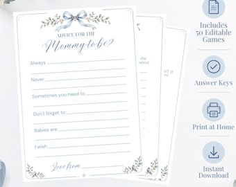 Baby Shower Games Bundle, 50 Blue Bow Printable Games, Predictions Trivia Bingo, Coquette Baby Boy, Baby Shower Activities, Canva Template