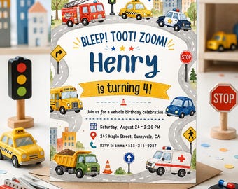 Transportation Birthday Invitation | Cars, Trucks & Emergency Vehicles Party | Kids Birthday | Editable Canva Template | Instant Download