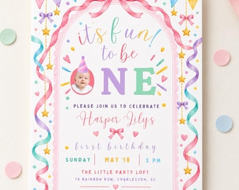 It's Fun to Be One First Birthday Invitation, Girl 1st Birthday Invitation, Fun to Be One Photo Invite, Editable Canva Template
