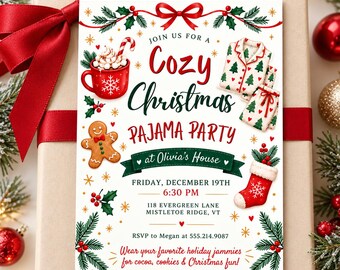 Invito per festa di Natale in pigiama, Invito per festa di Natale, Invito in pigiama, Invito per festa di Natale, Festa di Natale, Modello Canva modificabile