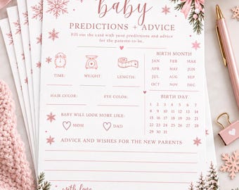 Könnte beinhalten: Eine weiße Baby-Vorhersage- und Ratgeberkarte mit rosa Schneeflocken- und Tannenzweig-Illustrationen. Der Text lautet baby PREDICTIONS + ADVICE, mit Abschnitten für Zeit, Gewicht, Länge, Geburtsmonat, Geburtstag, Haarfarbe, Augenfarbe und Wünsche.