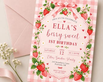 Strawberry Birthday Invitation, Berry First Birthday Invitation, Strawberry Theme, Girl First Birthday, Editable Birthday Invite