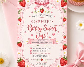 Berry First Birthday Invitation, Strawberry Birthday Party Invitation for Girls, Strawberry Theme, Editable Canva Template, Instant Download