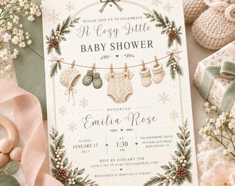 Winter Baby Shower Invitation, Gender Neutral Baby Shower, Sage Green Clothesline Invite, Winter Wonderland, Editable Canva Template