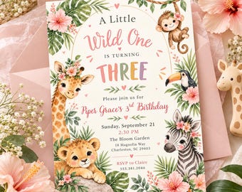 Wild One Birthday Invitation, Safari Birthday Party, Jungle Animal Birthday Invitation, Instant Download