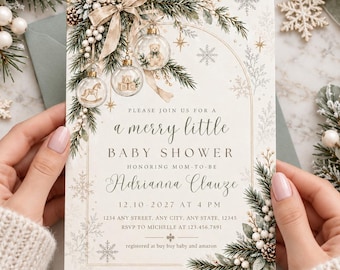 A Merry Little Baby Shower Invitation, Christmas Baby Shower, Neutral Winter Invite, Holiday Baby Shower, Editable Canva Template