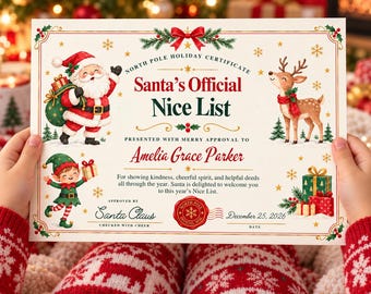 Santa Claus Official Nice List, Certificate Letter From Santa, Personalized Christmas Certificate, Editable Canva